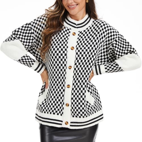 Women's Oversized Checkered Cardigan, 2025 Fall Button Down Checkerboard Knit Sweater Streetwear with Pockets4