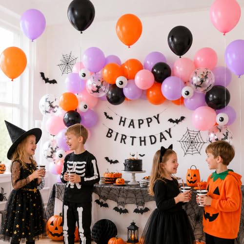 Image of Halloween Balloons Pastel Pink Black Spooky One Halloween Party Decorations | Pink Purple Balloon with 3D Bat Sticker Eyeball Bat Print Balloon for Girl Cute Ghost Night Baby Shower Birthday Party Decor