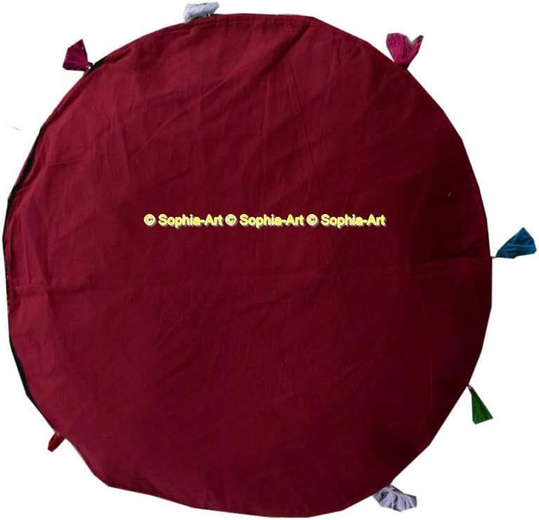 Sophia Art Round Floor Pillow Cushion Patchwork Pouf Ottoman Vintage Indian Foot Stool Bean Bag Floor Pillow Cover Home Decor Living Room Ottoman Bohemain Pillows (Dark Red Rajkoti, 32 Inch)