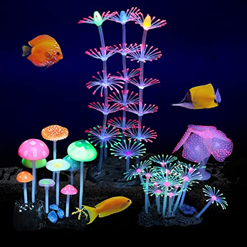 Podazz 4 Packs de Décorations Lumineuses pour Aquarium, Silicone pour récif de Corail, Champignon Lumineux, anémone, Champignons Décorations D'aquarium...