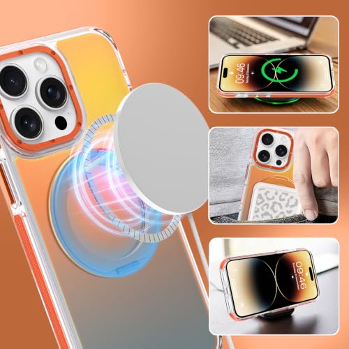 Image of Magnetic for iPhone 14 Pro Max Case with 360 Stand [Compatible with Magsafe] [Fluorescent Design] [1 Screen Protector] Slim Translucent Matte Case for iPhone 14 Pro Max 6.7 inch, Orange