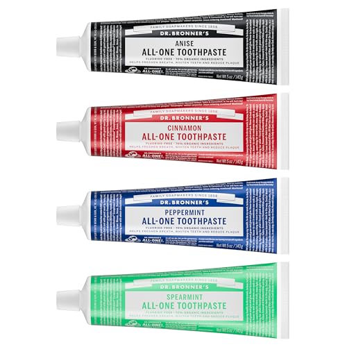 Image of Dr. Bronner's All-One Toothpaste 4 Pack Variety - (Peppermint, Spearmint, Cinnamon, Anise, 5oz Each) - 70% Organic Ingredients, SLS Free Toothpaste, Fluoride Free, Natural, Vegan, for Sensitive Teeth