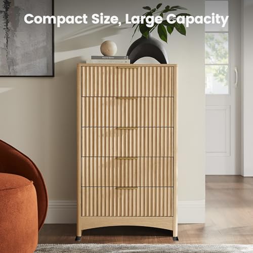 Image of Amada Tall 5 Drawer Dresser, Modern Fluted Vertical Chest with Rounded Corners, Pre-Installed Drawer Slides & Narrow Storage Design for Bedroom or Hallway in Natural Oak