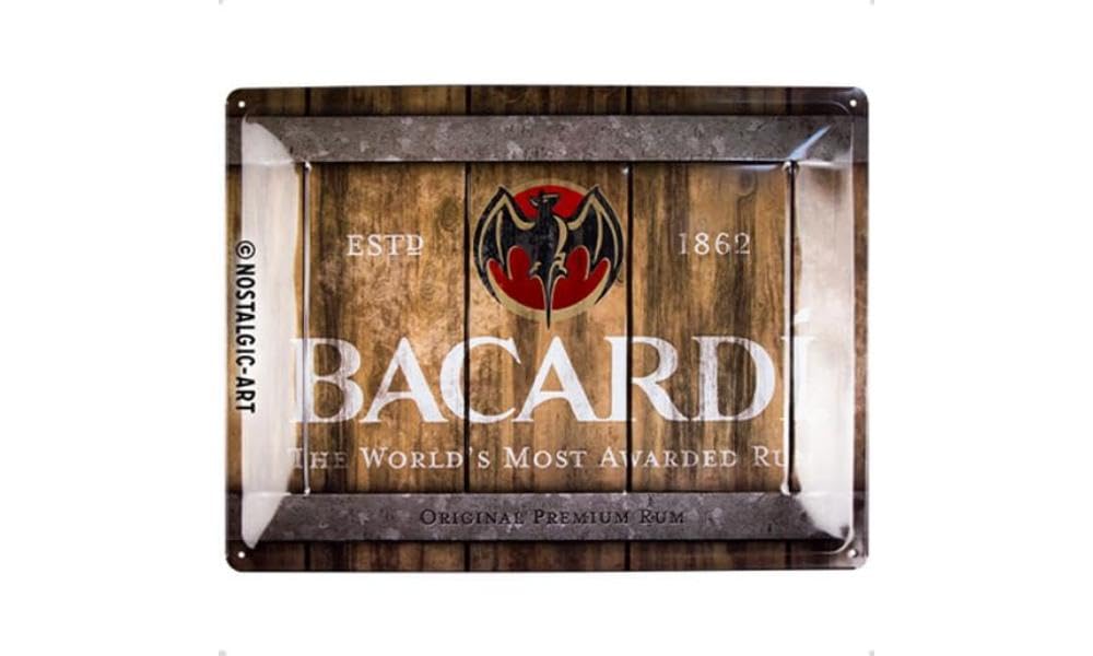 Retro tin sign, 11.8" x 15.7", Bacardi – Wood Barrel Logo – Gift idea for rum fans, Official License Product (OLP), made of metal, vintage design