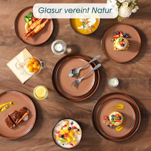 Geschirrset 6 Personen, vancasso AMBER Steingut Geschirr Set Handmade, Teller Set 6 Pers 18tlg, Tafelservice mit Speiseteller, Dessertteller, Schüssel, Reaktive Glasur, Spülmaschinenfest, Feuerrot – Bild 5
