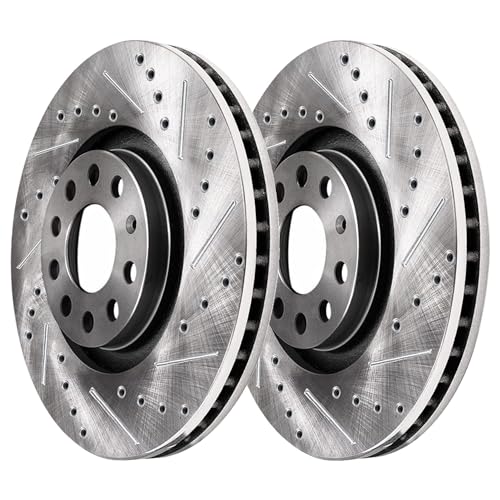 Image of Detroit Axle - 8pc Brake Kit for 2011 2012 Audi A3 [Base], 11-13 A3 Quattro, 2010 Volkswagen Jetta, 12.28 inch inch Front and 11.10 inch inch Rear Drilled and Slotted Disc Brake Rotors Ceramic Brakes Pads