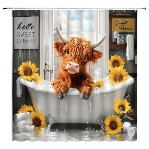 WUASDCS Farmhouse Highland Cow Shower Curtain Rustic Funny Cattle in Bathtub Sunflower Western Wildlife Country Animal Bathroom Decor Polyester Fabric Curtains with Hook 70Wx70H Inches -  liujian, LJ-6753GA-YL180X180CM