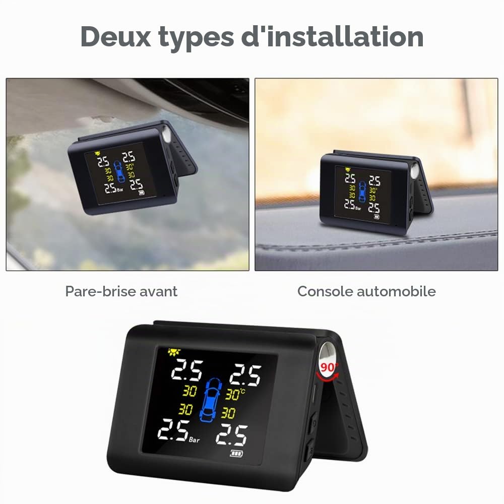 Système de surveillance de la pression des pneus de voiture, connexion sans fil Riloer TPMS, avec 4 capteurs externes, grand écran LCD, alimentation solaire et port USB