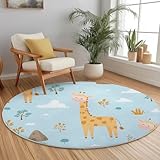 Hellblau Teppich Rund Schlafzimmer, Flanell Innenbereich Grasland-Giraffen-Cartoon Muster Runder...