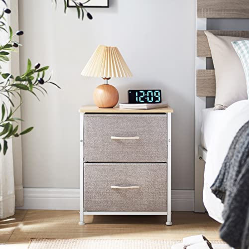 Somdot Nightstand With 2 Drawers, Bedside Table Small Dresser With Removable Fabric Bins For Bedroom Nursery Closet Living Room - Sturdy Steel Frame, Wood Top, Pull Handle - Grey/Natural Maple #TOP1