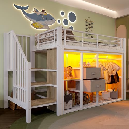 EINHOM Etagenbett Hochbett 90x200cm Metallgestell mit Treppe Stauraum, Offenem Kleiderschrank mit Beleuchtungsfunktion und 2 Schubladen, Kinderbett Jugendbett Weiß (ohne Matratze)