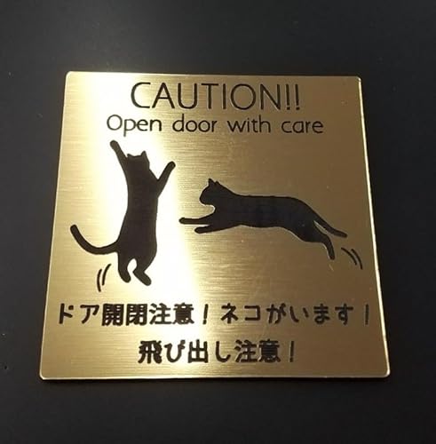 アクリル製 ポストプレート 玄関 宅配 ドア プレート 5cm×5cm 猫がいます 飛び出し注意 ドア開閉注意 お気をつけください ピクトグラム ピクトサイン ゴールド 案内 注意 マンション 事務所 入口 POST メッセージ シンプル 表札