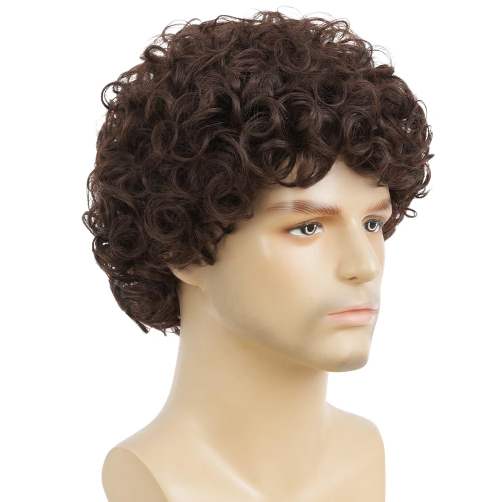 Mens Curly Afro Wig Short Dark Brown Wig Synthetic Halloween Costume Cosplay Wigs with Wig Cap for Male - Image 3