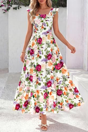 dowerme Womens Summer Dresses 2026 Ruffle Sleeve Square Neck Floral Boho Midi Dress Spring Smocked Beach Party Sundress(Floral White Multicolored,Large) — view 6
