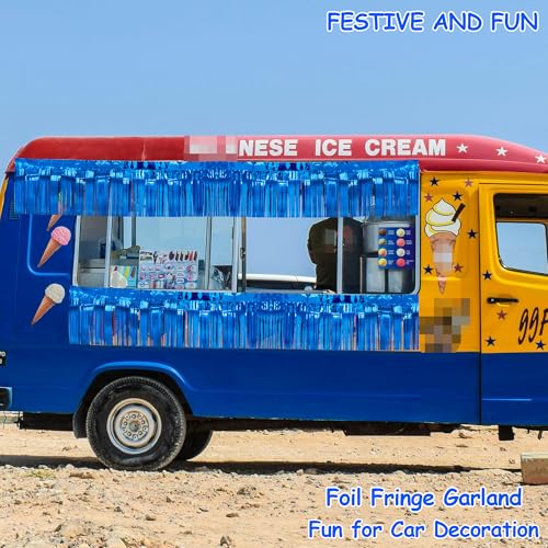 Image of 4 Packs Total 39 Ft Parade Floats for Trailer Car, Blue Foil Fringe Garland Tinsel Streamers Hanging Backdrop Banner Table Skirts for 4th of July Graduation Homecoming Wedding Birthday Party Decor