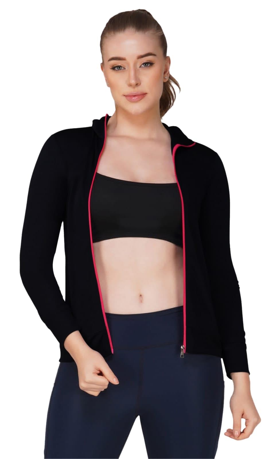 Women Full Sleeves Gymwear Sports Polyester Maindrain Collar Jacket with Pink Zipper and Pockets