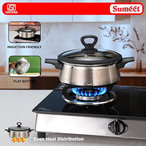 Image of Sumeet ISI Certified Stainless Steel Cook & Serve Designer Shallow Biryani Pot /Casserole with Glass Lid |Induction and Gas Compatible | Capacity - 2300ml -Dia - 21cm, Silver