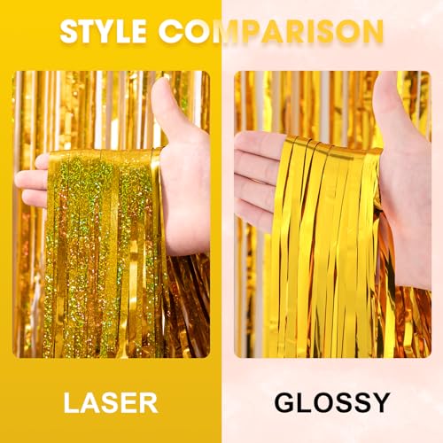 2 Pack Laser Gold Tinsel Foil Fringe Curtains, Gold Party Decorations, Metallic Tinsel Party Streamers Backdrop for Birthday Baby Shower Graduation Wedding New Years Party Decorations - Image 5