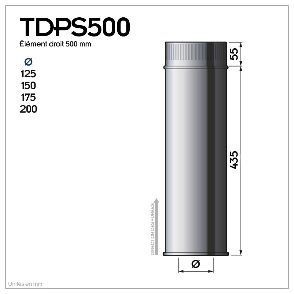 TDPS500 Conduit isolé double paroi poêle à bois 50 cm Ø125 - à l'unité