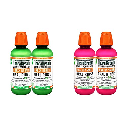 TheraBreath Fresh Breath Oral Rinse, Mild Mint, 16 Ounce Bottle (Pack of 2) and TheraBreath 24 Hour Healthy Smile Dentist Formulated Oral Rinse, 16 Ounce (Pack of 2)