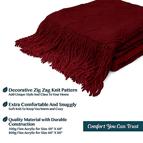 Pavilia Knitted Throw Blanket Fringe Dark Red Wine Burgundy | Decorative Tassel Boho Farmhouse Decor Couch Bed Sofa Fall Outdoor | Woven Textured Afghan Soft Lightweight Cozy Warm Acrylic 50X60 #TOP4