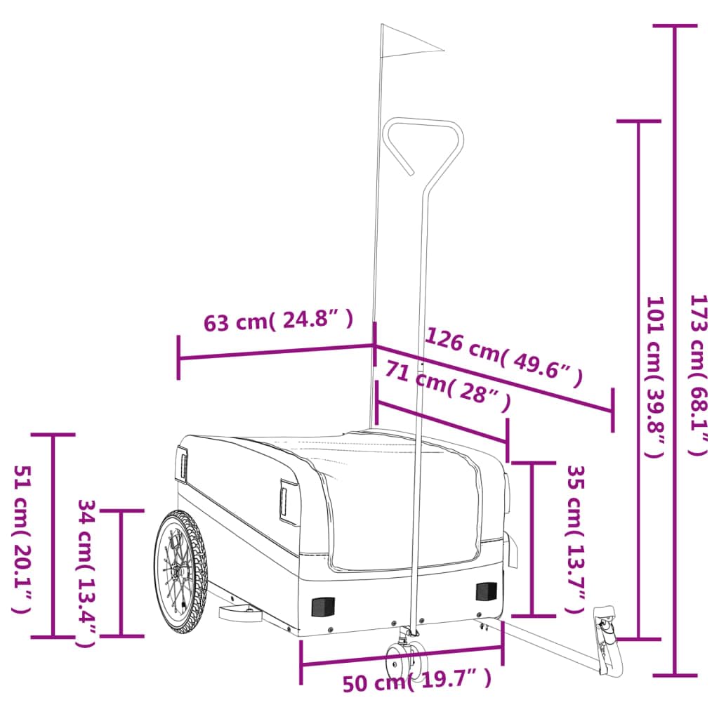 Przyczepa rowerowa czarna i czerwona z żelaza o nośności, x 52,5 x 42, dyszel, flaga bezpieczeństwa do transportu bagażu, bagażu, psa, dziecka, na kemping, na co dzień