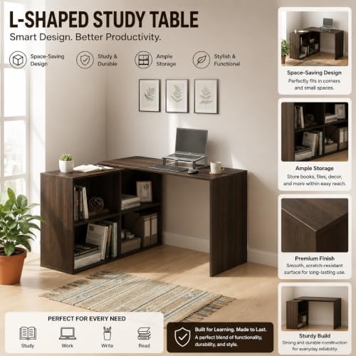 Image of FURNEASER Maggen Engineered Wood Rotatable Study Table, L-Shaped Corner Computer Desk, Laptop Workstation for Home Office, WFH Desk, Gaming Space Saving Rotating Table with Bookcase (Wenge)