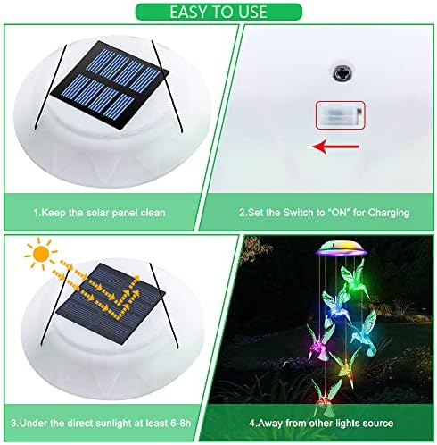 Fohil Upgraded Solar Hummingbird Wind Chimes,Color Changing Solar Garden Lights Outdoor Waterproof LED Hanging Light Wind Chime Lights Gift for Mom Christmas Decoration Garden Porch