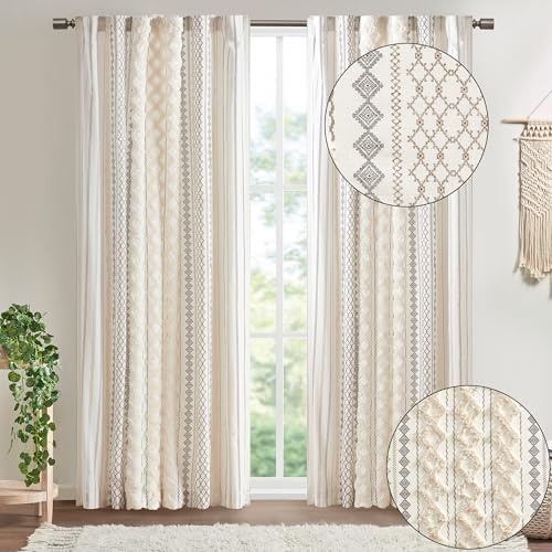 Image of INK+IVY Boho Curtains for Bedroom & Living Room, 100% Cotton Tufted Chenille Stripe Modern Farmhouse Curtains, Light Filtering Drapes, 50 inch x 95 inch, Ivory (Pack of 4)
