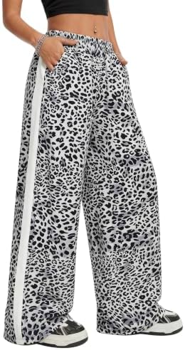 SHENHE Girl's Y2k Leopard Print Pants Wide Leg Baggy Side Stripe Cheetah Pants Trousers Light Grey 8Y