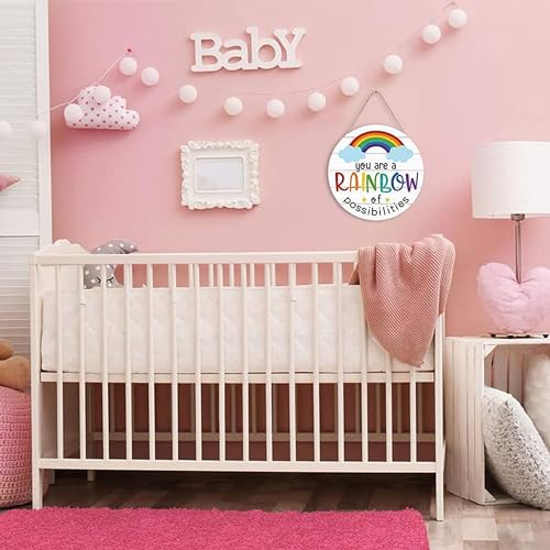 Image of ANGEL INFINITE inchYou are a Rainbow of Possibilities inch Wooden Wall Hanging Decor - Round Vintage Inspirational Sign for Kids Room, Nursery, & Home Office - Rustic Motivational Plaque, 30x30 cm