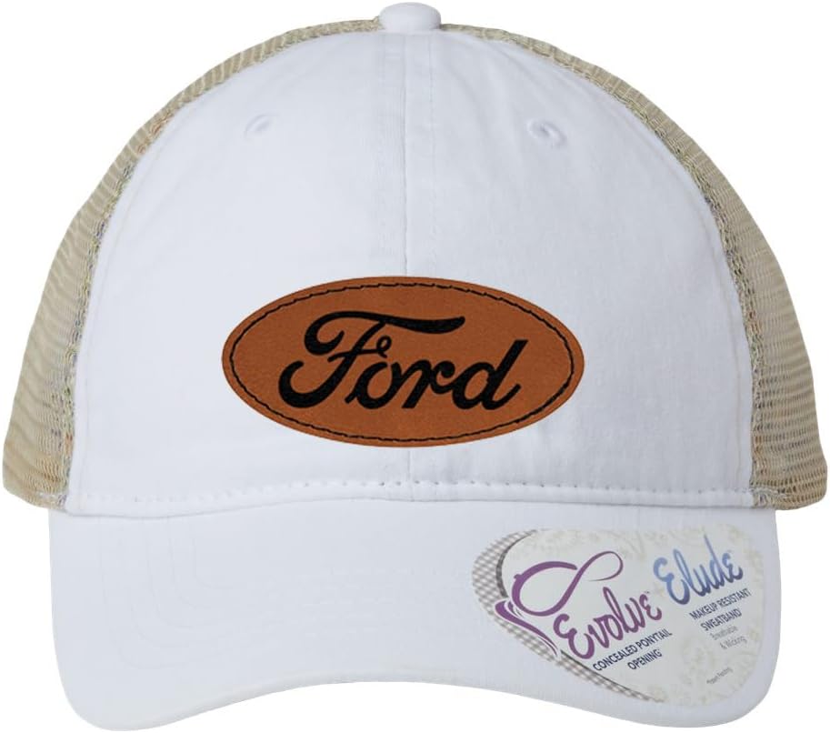 Ford Oval Script Logo Laser Engraved Leather Patch Womens Ponytail High Messy Bun Baseball Hat Cap