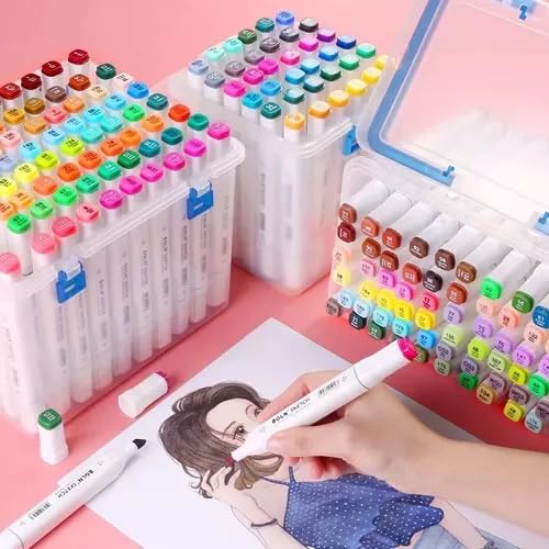 Kit Canetas Marcador Permanente Ponta Dupla 120 Cores, Kit Conjunto Canetinha Profissional + Estojo