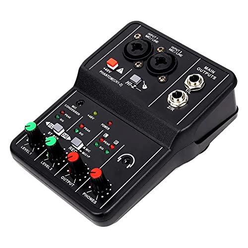 VOANZO Mini Mixer Audio per PC Mixer USB 2 Canali Mixer Microfono/Chitarra XLR+6.35mm 3.5mm Stereo in 48V Phantom Power