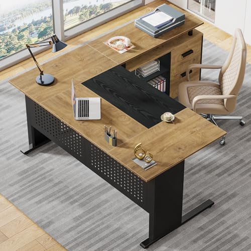 Image of Tribesigns 63 Inch Executive Desk with File Cabinet, Large Office Desk L Shaped Computer Desk with Drawers and Storage Shelves, Business Furniture Desk for Home Office, Wood Color and Black
