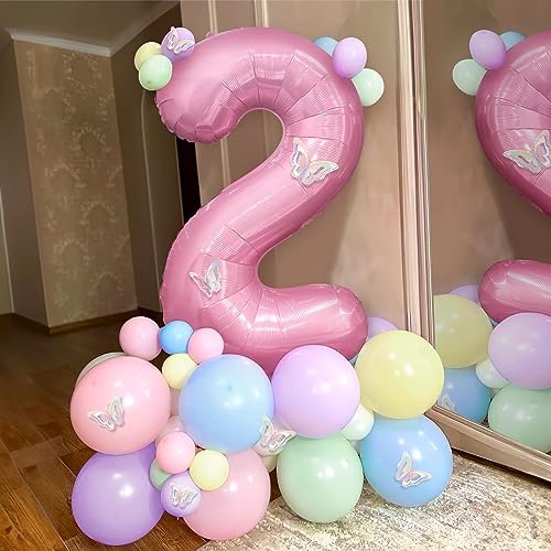 Pink 2 Balloon 2nd Birthday Decorations for Girls, 40 Inch Pink Number 2 Foil Balloon with Butterfly stickers Pastel Balloons for Girls 2 Year Birthday Party Decoration Baby Shower - Image 3