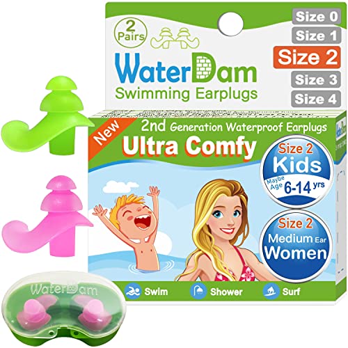 WaterDam Ohrstöpsel für Schwimmer, ultra-bequeme, wasserdichte Ohrstöpsel, verhindern Schwimmerohren (Größe 2 Erwachsene und 2 Kinder; Grün und Rosa)