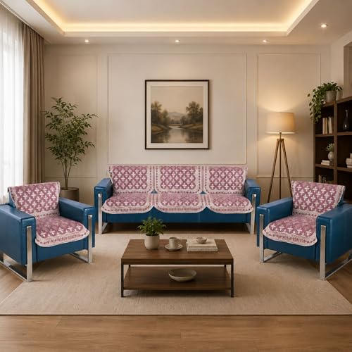 Image of Premium Chenille Woven Anti-Slip 5 Seater Sofa Cover | L-Shape Sofa Seat Protector for Living Room | Durable & Stylish Slipcover - Onion Pink - Floral
