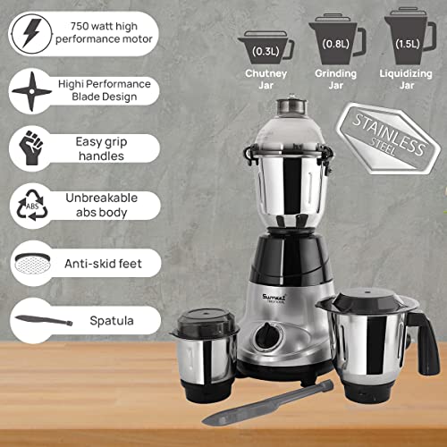 Image of Sumeet Traditional 750 Watt Mixer Grinder with Leak proof 3 Jars (Liquidizing, Wet Grinding and Chutney Jar), Stainless Steel blades (Model-Amica, Color-BlackGrey)