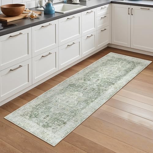 Madane Washable Runner Rug - 2x6 Rug Runners for Hallways 6 Foot Non Slip Vintage Kitchen Runner Rug Ultra-Thin Bathroom Runner Rugs Carpet Laundry Room Bedroom (2x6ft, Green/Ivory)