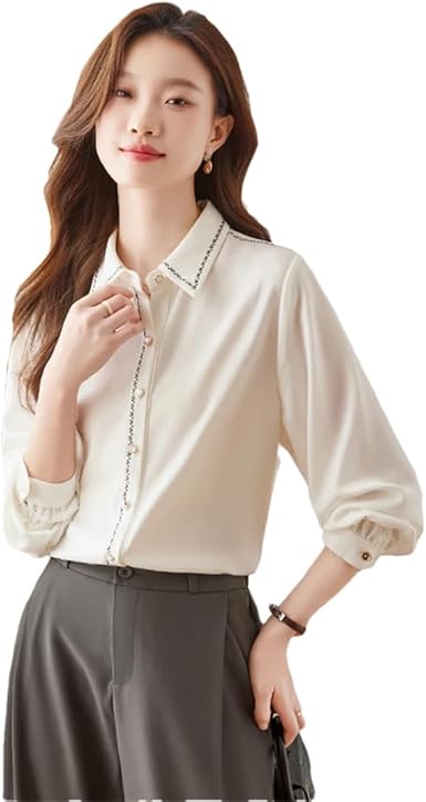 Women Solid Satin Finish Shirts Blouses Turn Down Collar