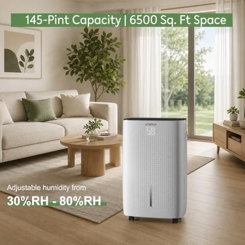 Image of Waykar 145 Pints 6,500 Sq. Ft High Efficiency Dehumidifier with Pump for Commercial and Industrial Large Room, Basement, Home, Storage, Warehouse with Drain Hose and Water Tank
