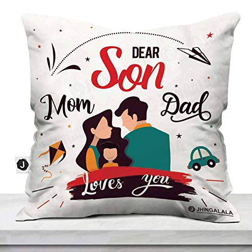 Jhingalala Dear Son Mom Dad Loves You Printed Satin Cushion Cover with Filler (Medium , Multicolour)-image-25