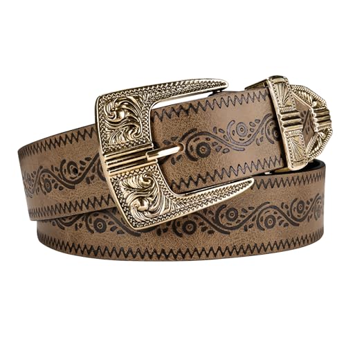 Image of Dubulle Womens Belt Chain Leather Belts Vintage Western Adjustable Elastic Double Buckle for Cowboy Pant Dress
