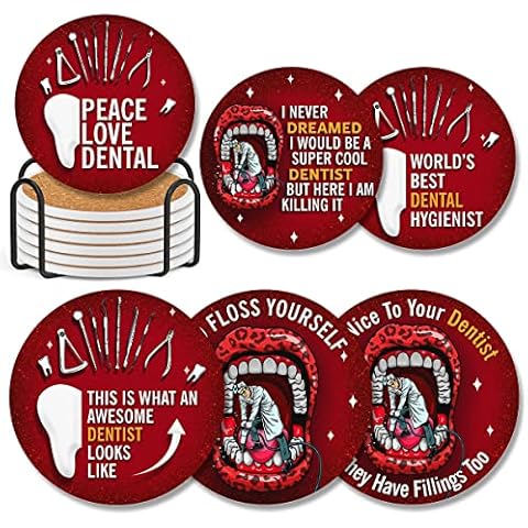 ZOXIX Pack 6 Coasters Dentist Ceramic Coaster with Cork Base Round Inspirational Quotes Housewarming Gifts for Women Families Doctors Car Cup Holders Desk Kitchen Home Decorations Cover