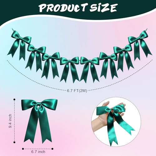 Image of 2 Strings of 16PCS Dark Green Bow Garlands Banner Decoration,Pre-Strung Satin Ribbon Ornaments for Birthday,Bachelorette Party,Bridal Shower,Wedding,Engagement,Baby Shower,Graduation Decor,Anniversary