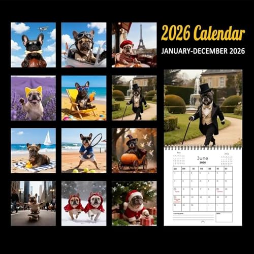 Weqizuerqi Wandkalender 2026 | Monatliches Dickes Papier Mit Notizen,Französische Bulldogge Kalender 2026 Planer | Für Akademische Termine Home Office Schulwohnheim Familie Schüler Lehrer Weihnachten