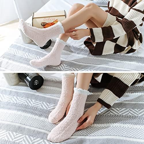 Cozlly 6 Pairs Fluffy Slipper Socks Women, 4-6 Coral Fleece Floor Socks for Girls, Warm Cosy Bed Fuzzy Socks, Winter Thermal Socks Soft, Christmas Stocking Stuffer for Women Ladies, Multipack