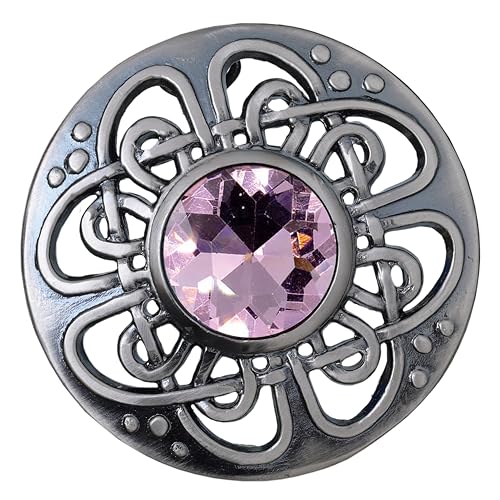 Image of Elegant Culloden Plaid Brooch - Scottish Kilt Fly Plaid Brooch Intricate Celtic Knot in Pewter with Gemstone 3-Inch Diameter - Ideal for Scottish Kilts & Formal Wear