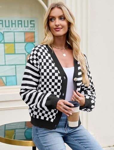 ZAFUL Womens Striped Cardigan Sweaters V Neck Open Front Button Up Checkered Knit Fall Winter Coat Outerwear4